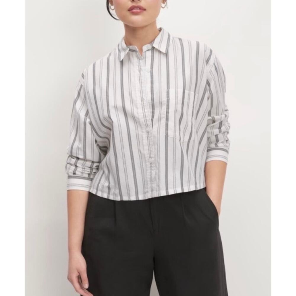 Everlane The Way Short Shirt Striped Button Down White Gray Cotton Women's M